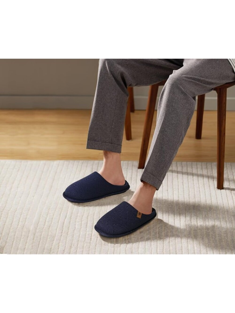 Men's Blue Faux Fur Lining Cushion Memory Foam Shake Fleece SOLID Slippers - Picture 3 of 6